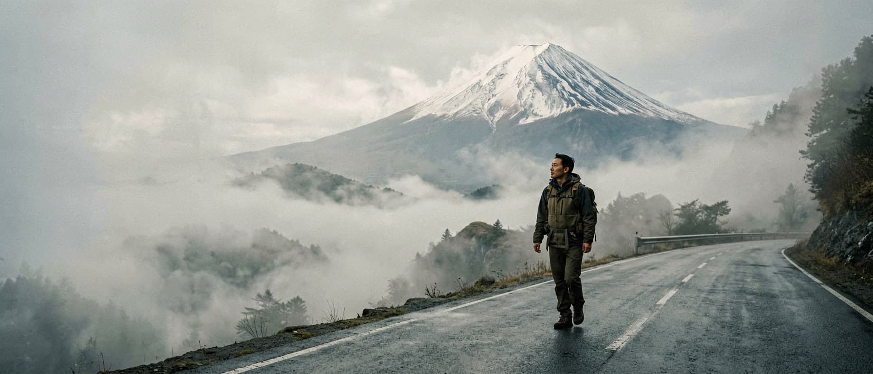A traveler walking on a foggy mountain road with Mount Fuji rising behind mist and clouds.