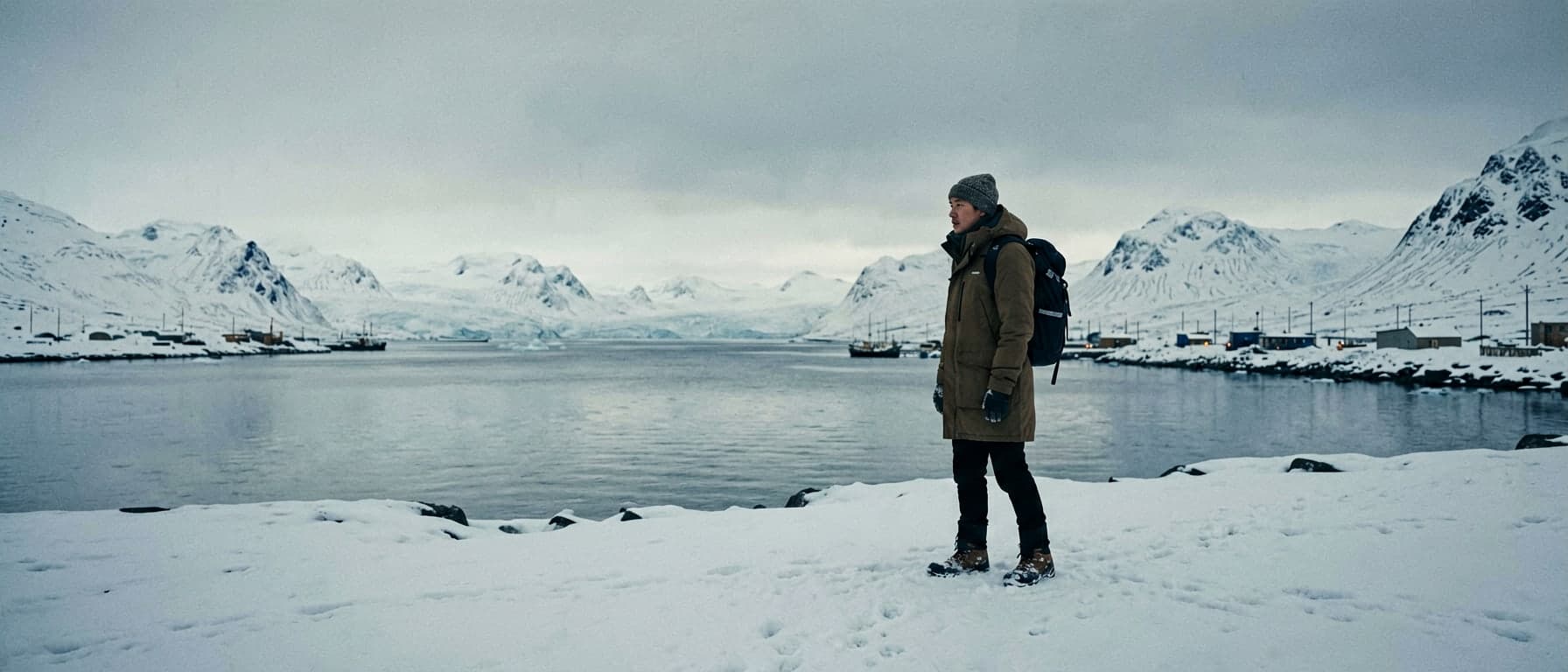 A bundled traveler standing by a snowy Icelandic harbor with mountains and cold northern light.