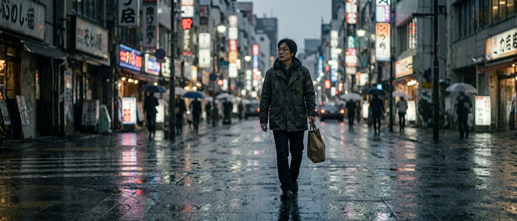 A lone traveler walking through rainy Tokyo streets with wet pavement and neon reflections.